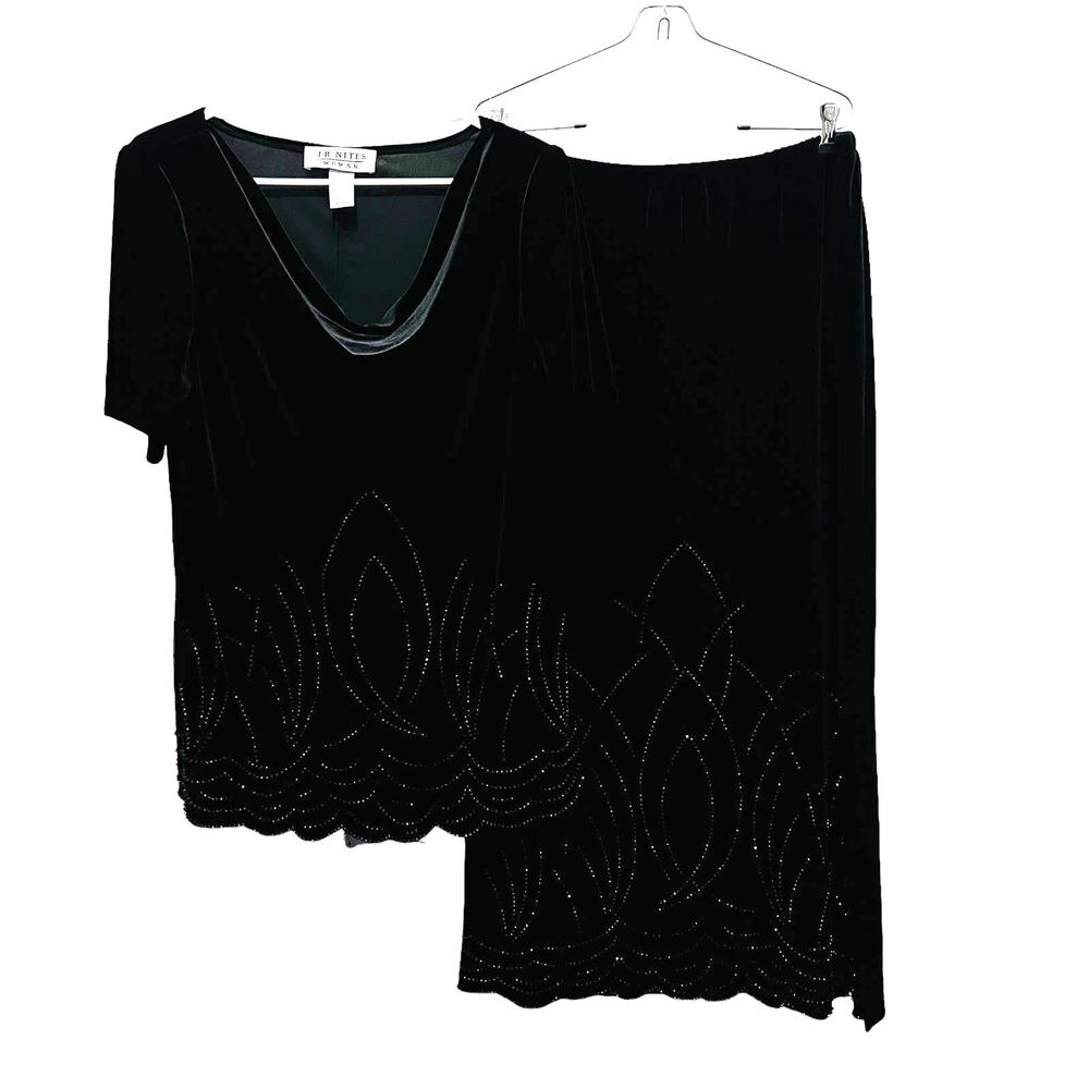 Stretch Velvet 90s Skirt Set Drape Neck Beaded Black Goth Goddess Witchy 14 W